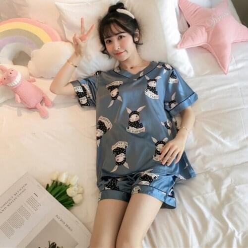 2021 Summer Cute Pijamas Women Short Sleeve Ladies Pyjamas Women Faux Silk Pajamas Set Leisure Nightwear Pajamas Sleepwear