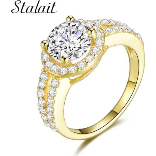 Fashion Brand Austrian Crystals Gold Finge Zircon Ring for Women Girl Wedding Engagement Classic Round Ring Jewelry Gift