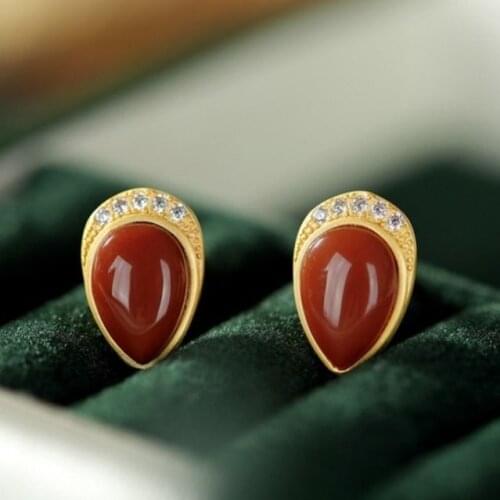 New Silver Inlaid Natural Southern Red Agate Earrings Drop-shaped Small Retro Niche Design Crafts Women Brand Jewelry