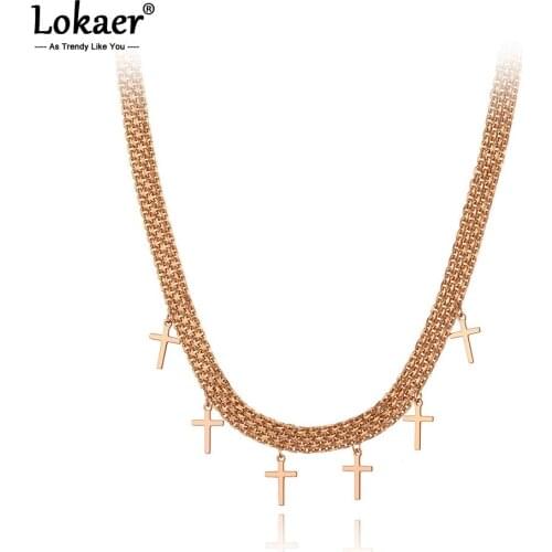 Lokaer Original Design Titanium Stainless Steel 6Pcs Cross Charm Pendant Necklaces Trendy Chain Choker Necklace For Women N20123