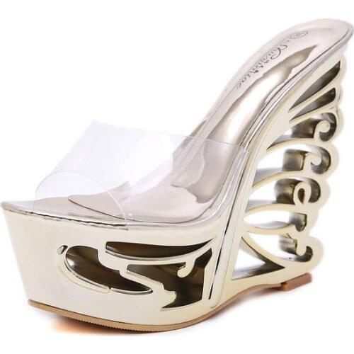 PCUAN sexy high-heeled gradient golden silver personality shaped wedding shoes bridal shoes 15 cm sandals slippers