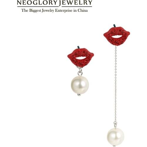 Neoglory Asymmetric Red lips and White ball Dangle Earrings For Women 2020 Statement High Quality Gift For Girlfriend