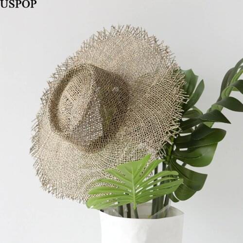 USPOP women handmade sun hats breathable natural seaweed straw hats casual summer wide brim beach hat Jazz straw hat
