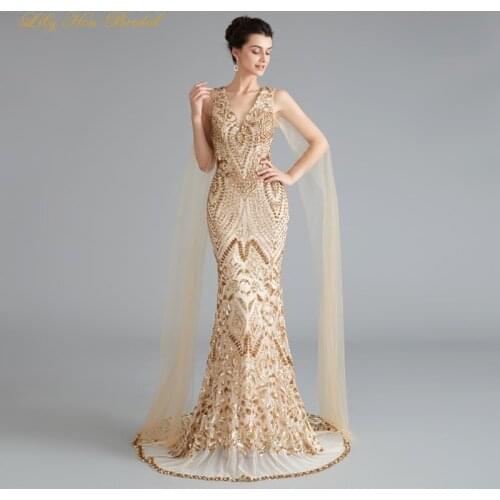 Gorgeous Mermaid Evening Gowns V Neck Very Long Sheer Tulle Sleeves Illusion Back Pageant Prom Party Dress