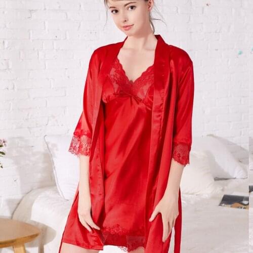 Spring and summer new simulation silk sling ladies nightdress sexy lace two-piece long-sleeved jacket pajamas home service