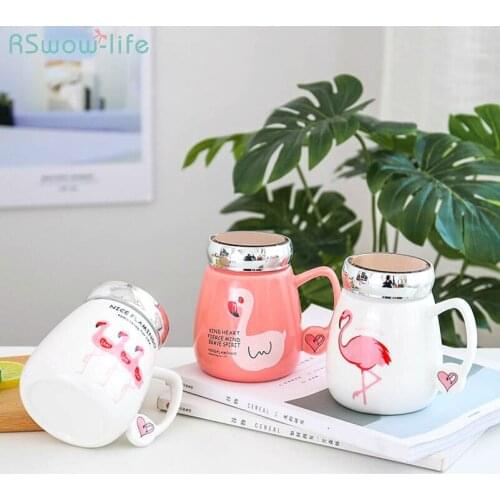 Flamingo Mirror Ceramic Cartoon Creative Mark Cup Crystal Large Capacity Milk Tea Coffee Milk Cup Office Home Mug With Lid Cute