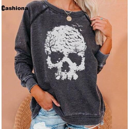 Cashiona Ladies Elegant Leisure Casual T shirt O-neck Halloween Skull Print Womens Top Vintage 2020 Autumn New Tees shirt Femme