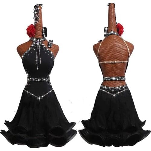 Crystals Sexy Latin Dancing Dresses For Ladies Black Dress Traditional Women Ballroom Costume Competitive Theatrical Garments