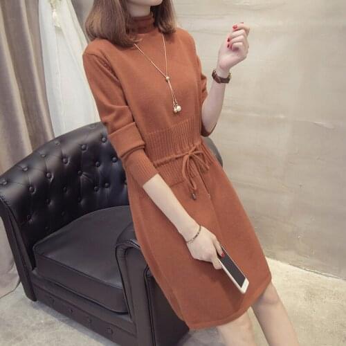 Womens 2019 Autumn and Winter New Fashion Turtleneck Pullovers Dress Casual Knitted Thick Warm Long section Sweaters Female