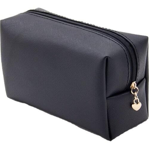 066F Faux Leather Zippered Cosmetic Bag Waterproof Small Pouch Solid Color Makeup Case Purse Toiletry Organizer Handbag