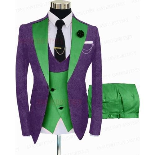 2021 Fashion Purple Jacquard Printed Suit Men Slim Fit Custom Wedding Groom Suit Jacket Vest with Pants Male Performance Tuxedo