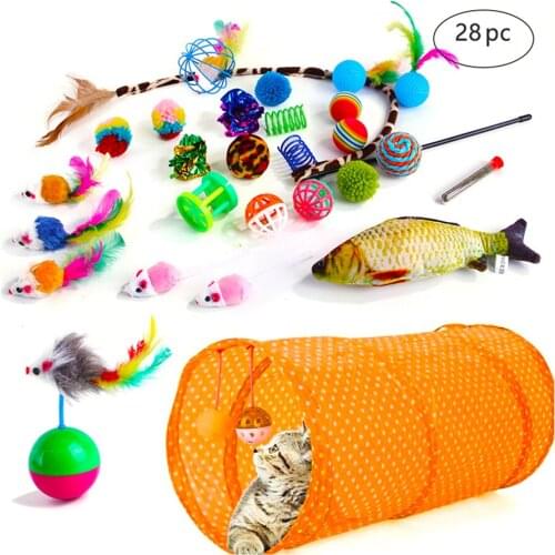 28pcs Foldable Cave Channel Mouse Feather Stick Mint Fish Assortments Cat Tunnel Balls Bell Feather Teaser Wand Mice Toys