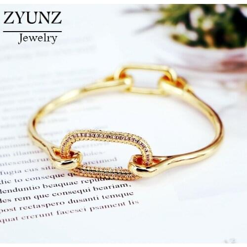 4PCS, Fashion Charm Design Gold Color Bangle Bracelet for Women Oval Connector CZ Cuff Bangles Women Jewelry Party Gift