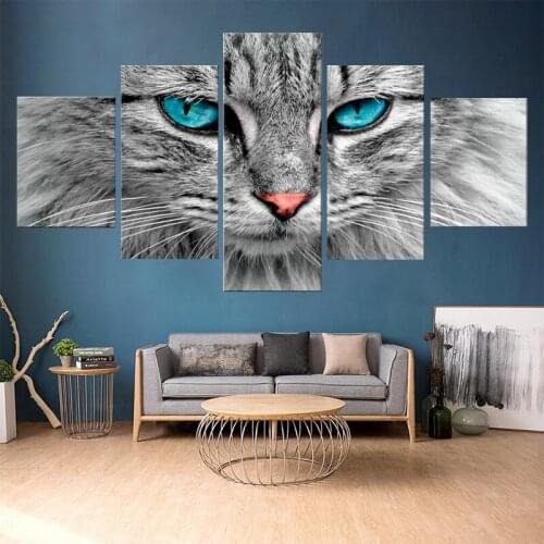 5 Pcs Black White Animal Blue Eye Cat Canvas Print Painting Wall Art Picture For Bedroom Living Room Home Decoration Picture