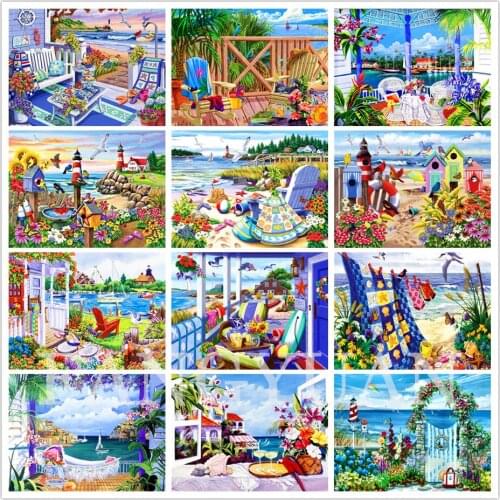 Seaside Landscape Full Square/round Drill Diamond Painting Holiday House Landscape Picture Embroidery Rhinestones for Home Decor