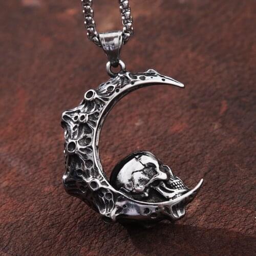 Gothic Crescent Skull Pendant Men Punk Hip Hop Stainless Steel Biker Skull Necklace Chain Fashion Jewelry Gifts Wholesale