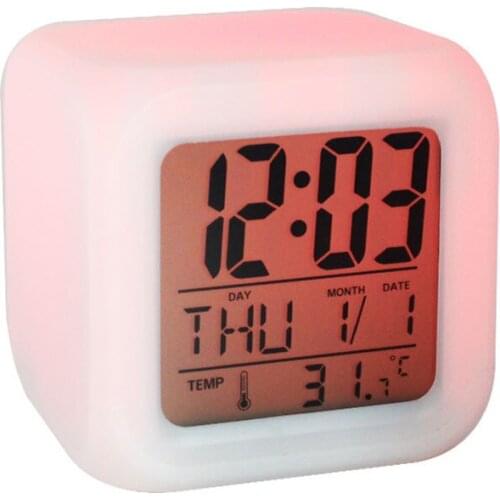 Kids Digital Alarm Clock 7 Colors Changing Night Light Glowing Clocks Time Date Display Student Desk Clock With Thermometer