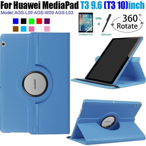 For Huawei MediaPad T3 10 9.6inch AGS-L09-L03 W09 Leather Cover 360 Rotating Tablets for Honor Play Pad 2 9.6 inchCase+Film+Pen