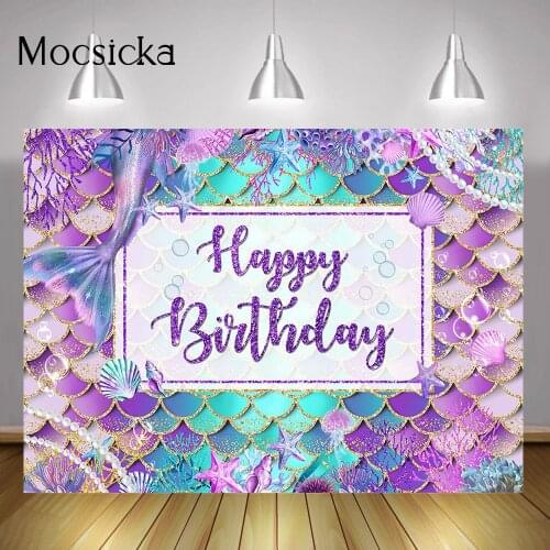 Mermaid Happy Birthday Backdrop Decorations Glitter Rainbow Scales Girl Birthday Cake Smash Background Under The Sea Mermaid