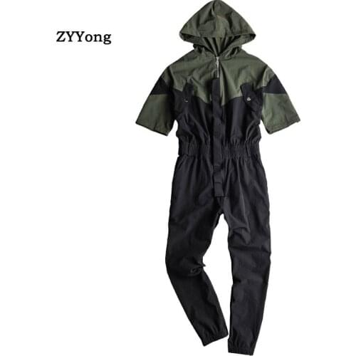 ZYYong Summer High Street Mens Short Sleeve Jumpsuit Streetwear Hip Hop Loose Hooded Casual Mens Overalls Joggers Mens Pants