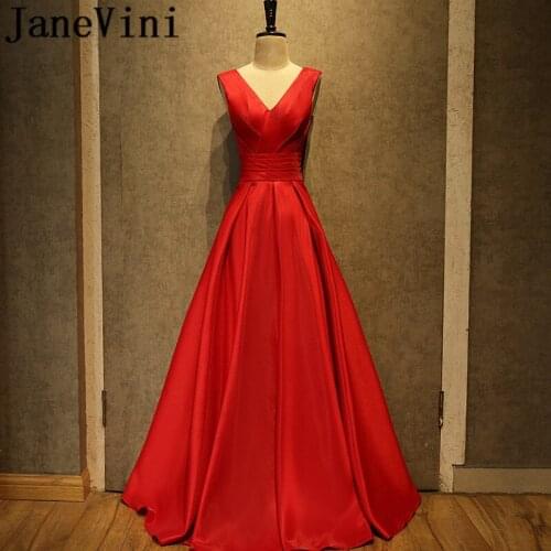 JaneVini 2018 Red Long Bridesmaid Dresses A Line Pleat Sleeveless Lace-up Back Floor Length Simple Wedding Guest Dress Plus Size
