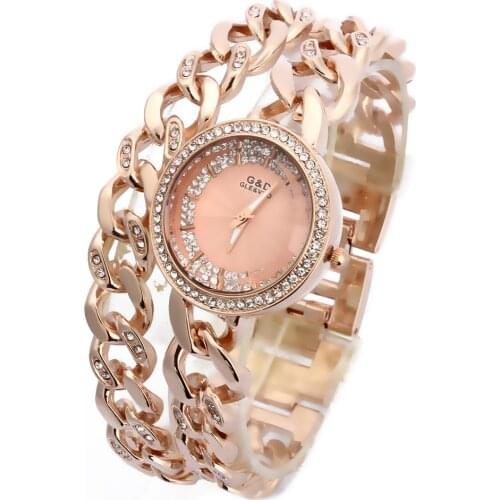 2017 New Fashion Womens Wrist Watch Analog Quartz Watches Stainless Steel Band Rhinestone Double Chain Rose Gold