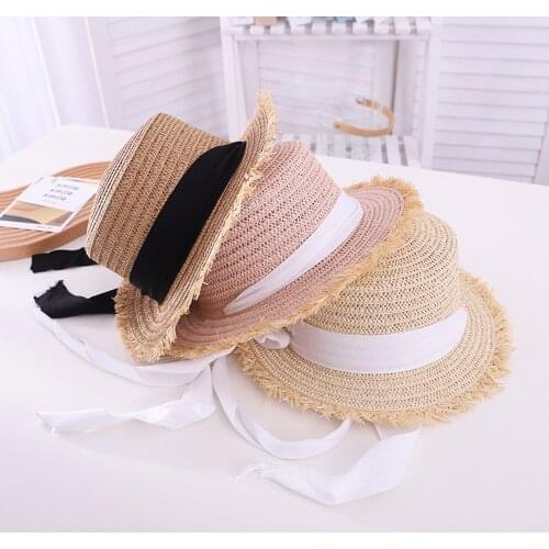 Toddler Girls Straw Sun Hat Wide Brim UV Protection Flat Top Sun Cap with Bandage Beach Sun Hat for Kids Girls