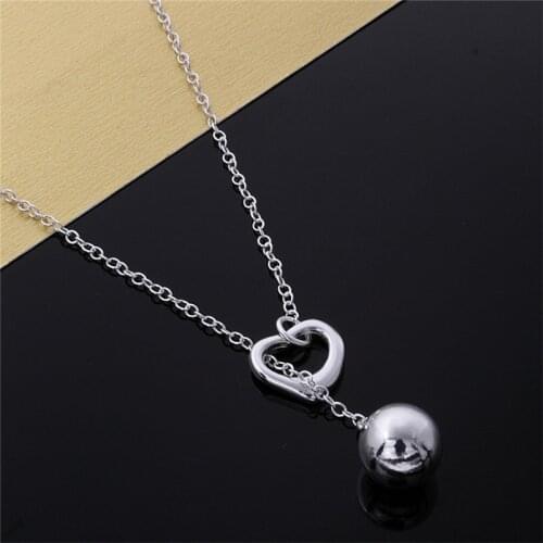 925 Silver Heart Bead Pendant Necklace Chain For Women Girls Silver Jewelry Gift