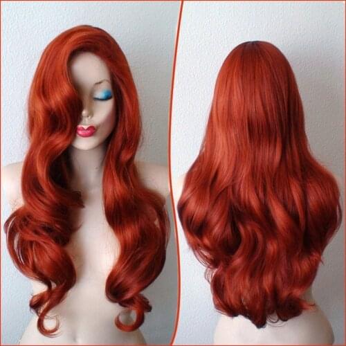 Halloween RED Long Wavy Synthetic Rabbit Cosplay Wig Copper Red With Big Swap Bangs Drag Queen Wig Little mermaid Hair