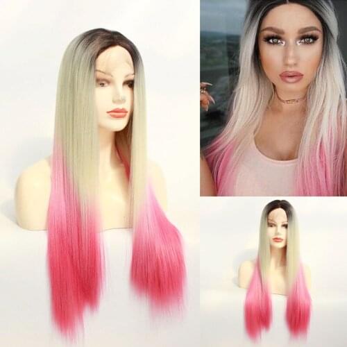 Red Pink Purple Colorful Wigs Three Tone Ombre Lace Front Wig Silky Straight Soft Touch Fiber Hair Heat Resistant Synthetic Wigs