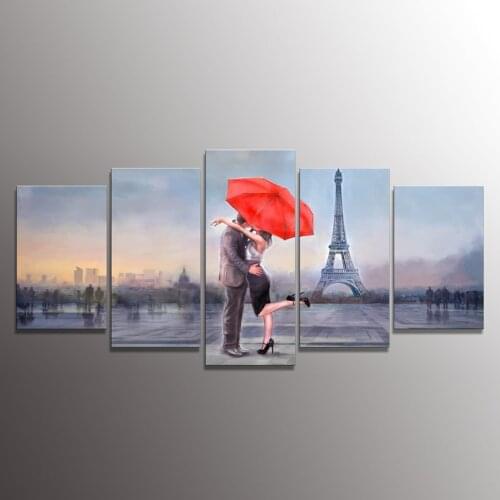 Holiday gift Canvas Prints Love in Paris 5 Panels Oil Painting Print Wall Art Stretched and Framed Home Decor Modular Pictures