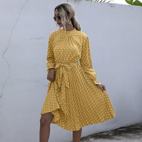Yellow Polka Dot Collar Dress Womens Slim Ruffle Long Sleeve Spring 2021 Womens Dress Casual Vacation Beach Summer Dress