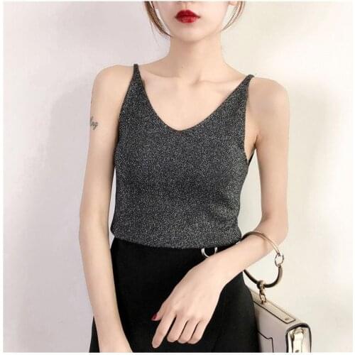 17 Color New Spring Sexy Knitted Tank Top Women Slim Solid Silver V Neck T-shirt Female Crop Sleeveless Vest Casual Camis Blouse