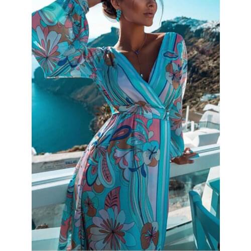 Beach Style Women Autumn Long Sleeve Elegant Party Dress Sexy Lady Deep V Neck Split Long Dress Retro Flower Print Loose Vestido