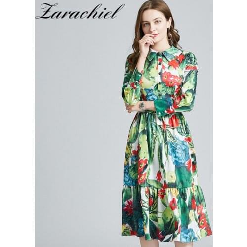 2021 Spring Runway Floral Green Midi Dress Women Diamonds Single-Breasted Long Sleeve Cactus Flower Print Ruffles Holiday Dress