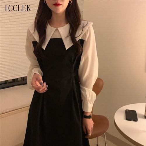 New Fashion Elegant Sweet Peter Pan Collar Dress Female 2021 Spring Autumn Korean Stitching Contrast Color Long-Sleeved Dresses