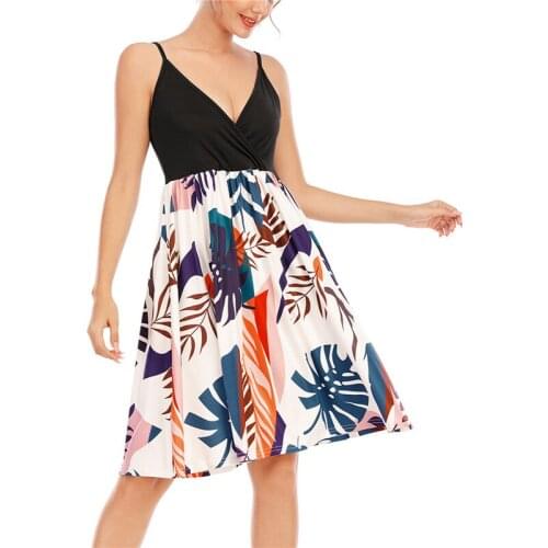New Women’s Casual Suspender Mid-length Dress Flower Print Stitching V-neck A-line Dress Sexy Sleeveless Backless Sundress