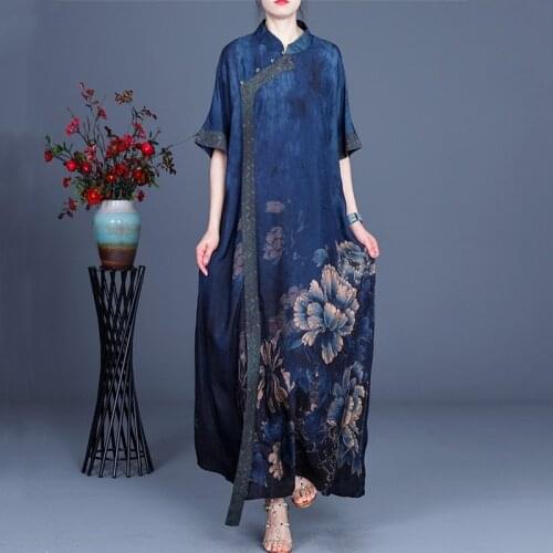 Women Summer Printed Loose Stand Collar Dress Ladies Retro Floral Dress Female Robe Vintage Short Sleeve Vestido Dresses AA5842