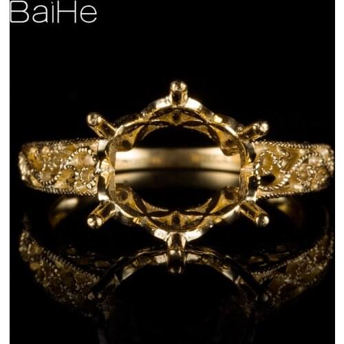 BAIHE Solid 10K Yellow Gold About 11mm to 12mm Flawless Round No Main Stone Engagement Women Fine Jewelry Gift Semi Mount Ring