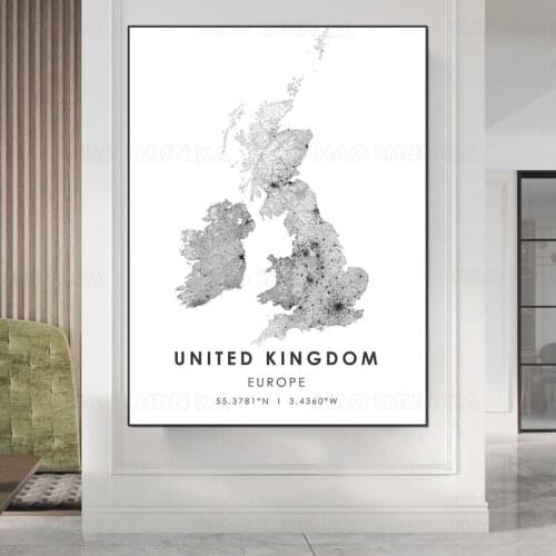 Black and White World City Map Europe The United Kingdom Map Poster HD Print Wall Art Canvas Painting for Home decoration artwor