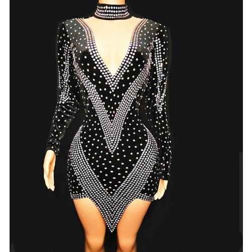2021 Silver Rhinestone Black Velvet Dress Costume Birthday Stretch Sparkly Outfit Dress Lady Prom Evening Short Dress