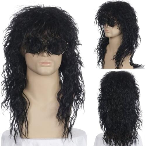 GURUILAGU Long Curly Synthetic Wigs for Men Cosplay Wigs Male Curly Hair Black Blonde Wig With Bangs Fluffy Nightclub Bar Wig