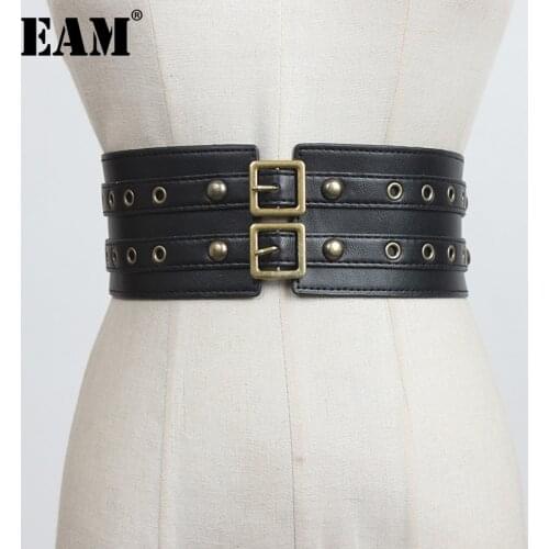 [EAM] Metal Rivets Decoration Wide Pu Leather Belt Personality Women New Fashion Tide All-match Spring Autumn 2021 1DD3398