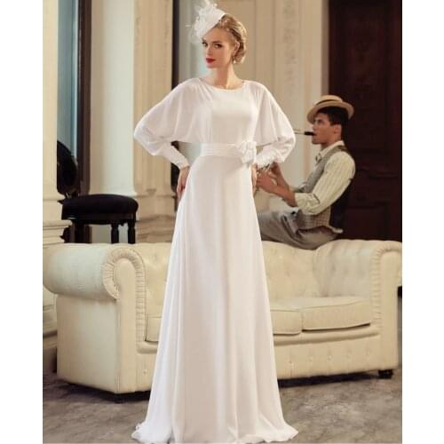 Elegant Long Sleeve Chiffon O-Neck Wedding Dresses A-Line Zipper Back Robes De Mariée Bridal Gown For Women