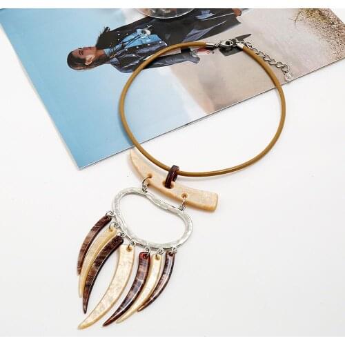 Ethnic Style Acrylic Imitation Ivory Tassel pendant Leather Rope Chain Choker necklace women Choker Statement Necklaces collares