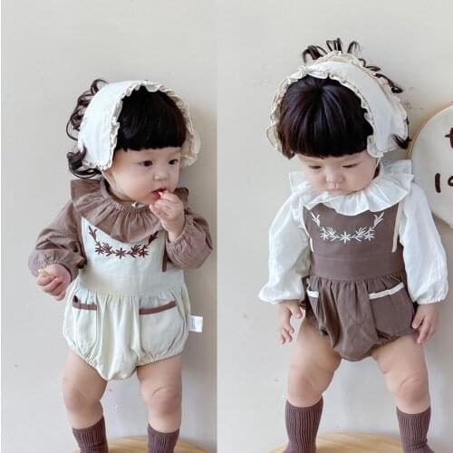 Baby Clothes Set Long Sleeve T-shirt Lotus Leaf Collar Solid Cute Tops Fashion Pocket Embroidery Bodysuit Baby Clothing Set