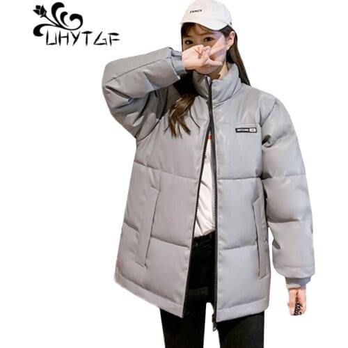 UHYTGF Student short Parker leather jacket quality PU leather Waterproof winter cotton coat women cold warm plus size jacket1049
