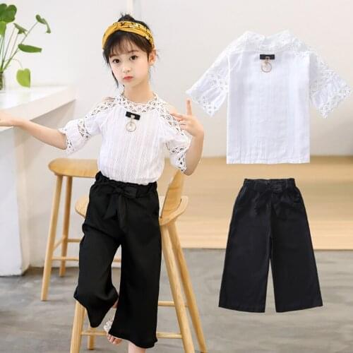 2021 Child Girl Clothes Suit Short Sleeve Lace Patchwork Tops + Black Chiffon Pants Kids Summer Outfits