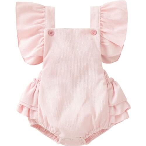 Newborn Baby Girls Summer Corduroy Jumpsuits, Cute Fly Sleeve Backless Solid Color Button Bodysuit