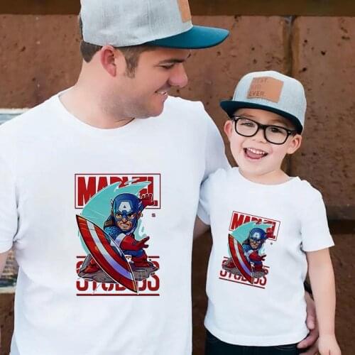 Fashion Captain America Marvel T Shirt Father And Son Cool Superhero Print Tshirts Short Sleeve Summer White Family Matching Tee